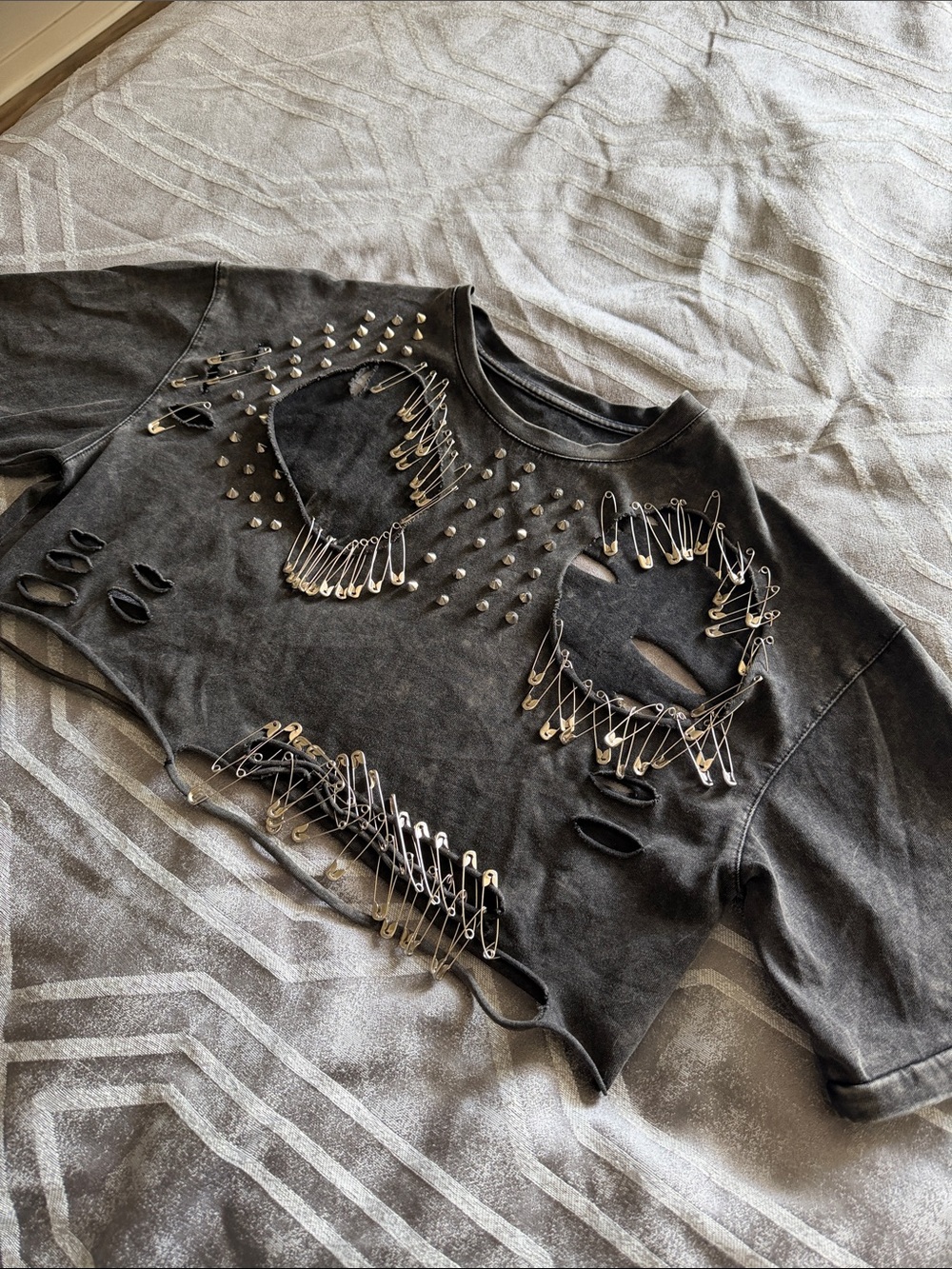 Black Distressed Crop Tee with Safety Pin Embellishments